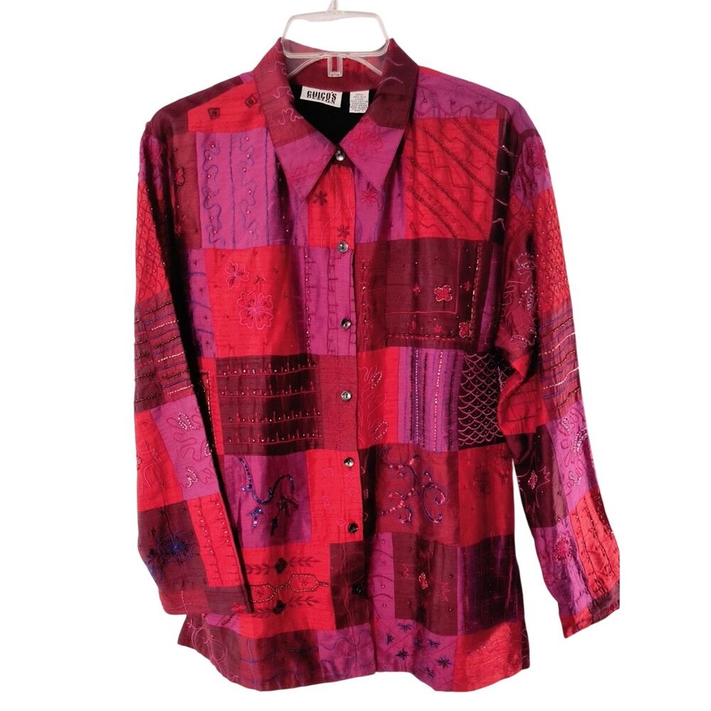 Chicos Design 100% Silk Beaded Patchwork Shirt Jacket Boho Art to Wear Shacket - Picture 3 of 16